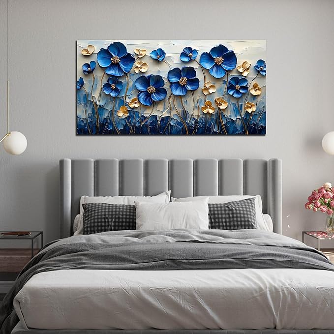 SIXTTART Blue Flower Living Room Pictures Wall Decor - Gold Flower Canvas Wall Art for Bedroom - Modern Large Wall Art for Office Size 29" x 59"