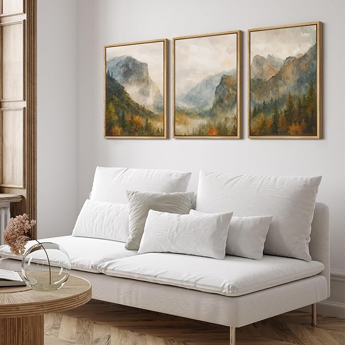 SIGNFORD Framed Wall Art Print Set Misty Mountain Valley Watercolor Serene Nature Landscape Digital Art Modern Art Contemporary for Living Room, Bedroom, Office - 24"x36"x3 Natural