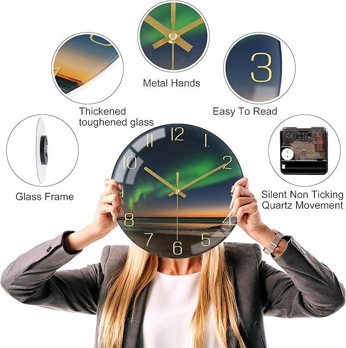 VIKMARI 8 Inch Modern Wall Clock, Aesthetic Black and Gold Decor Accessories, Unusual Silent Non Ticking Aurora Clocks for Living Room/Kitchen/Bedroom/Bathroom/Office (Glass)