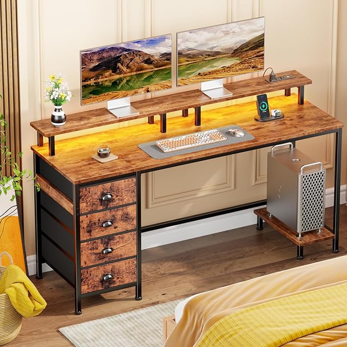 Furologee Computer Desk with Power Outlets & LED Lights, 55 Inch Reversible Gaming Desk with Full Monitor Stand, Home Office Table with 4 Fabric Drawers, Study Table for Bedroom, Rustic Brown