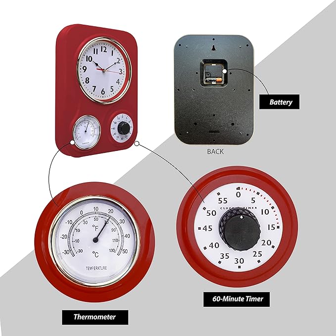 Lily's Home -9.5 Inch x 12.5 Inch -Retro Kitchen Wall Clock, Vintage Wall Clock with a Thermometer and 60-Minute Timer, Ideal for Any Kitchen, Office, or Diner (Retro Red)