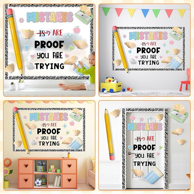 3D Back to School Bulletin Board Set with Pencil Balloon Inspirational Educational Classroom Decor Mistakes are Proof You are Trying Bulletin Board for Teacher Supplies Composition Notebook