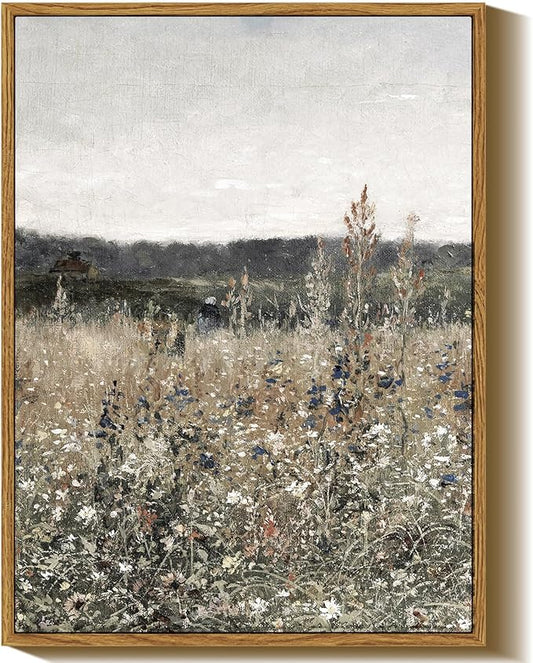 InSimSea Framed Canvas Prints Art Vintage Decor, Wildflower Field Meadow with Flowers Painting, Rustic Landscape Wall Art for Living Room Bedroom Home Bathroom Wall Decor, 12x16inch