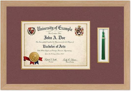 CountryArtHouse Diploma and Tassel Frame Fits 11.69 x 8.27 A4 Certificate with Tassel Hoo Natural Wood Genuine Hardwood Shadowbox with Dark Red Over Metallic Gold Double mat