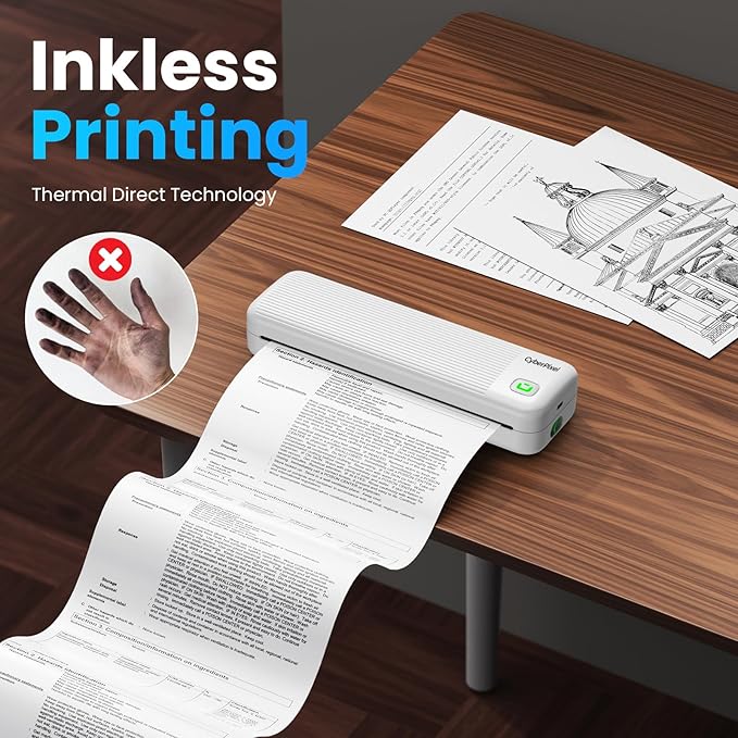 Portable Printer for Travel, Inkless Wireless Thermal Printer Compatible with iOS, Android, Laptop, Bluetooth Printers Supports 8.5"x11" US Letter for Office,Car,Home (White)