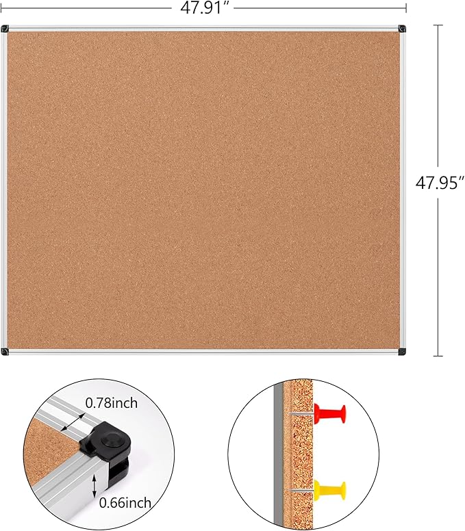 Board2by Large Cork Bulletin Board 48" X 48", Silver Aluminum Framed Corkboard for Wall, Wall Mounted Notice Pin Board with Push Pins for School, Home & Office - 4' x 4' Corkboard