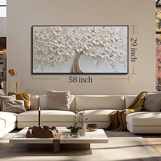 Tree Pictures Wall Decor Dining Room White Flower Canvas Wall Art for Bedroom Women Large Black Framed Wall Art for Living Room 29 x 58 Inch