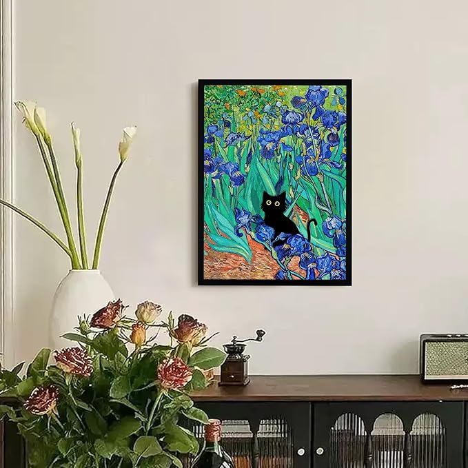 Fantasy Artists Van Gogh Irises Cat Wall Art, Framed Vintage Garden Canvas Wall Decor, Funny Black Cat Poster Prints, Paintings,Bathroom,bedroom,Living Room Artwork Decorations 12" Wide X 16" Height