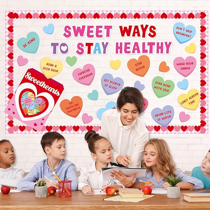 Valentine's Day Health Habit Bulletin Board Set Valentines Sweet Ways to Stay Healthy Classroom Decoration Sweet Love Heart Cutouts Heart Bulletin Board Border for School Home Wall Door Party Supplies