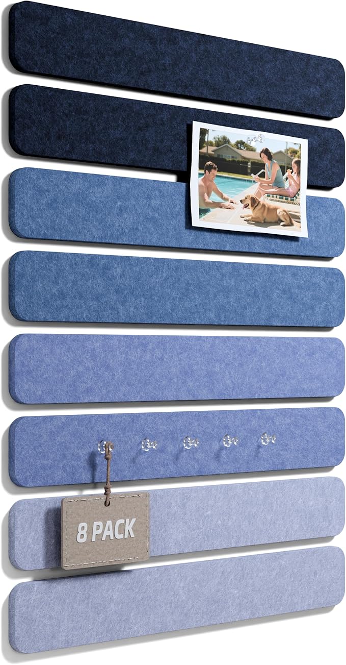 Fluxynara Cork Board Alternative Felt Strip Board 8-Pack 13"x2", Office Pin Board with 50 Push Pins, Adhesive Install for Bedroom Door & Home Office(Denim Mist)
