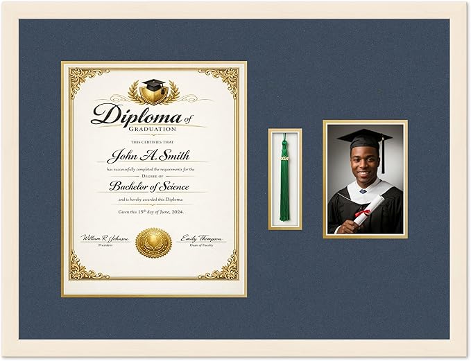 CountryArtHouse Diploma Tassel and Photo Shadowbox Fits 11 x 14 College Diploma (Portrait) with T Coastal Whitewash Genuine Hardwood with Navy Blue Over Metallic Gold Double mat