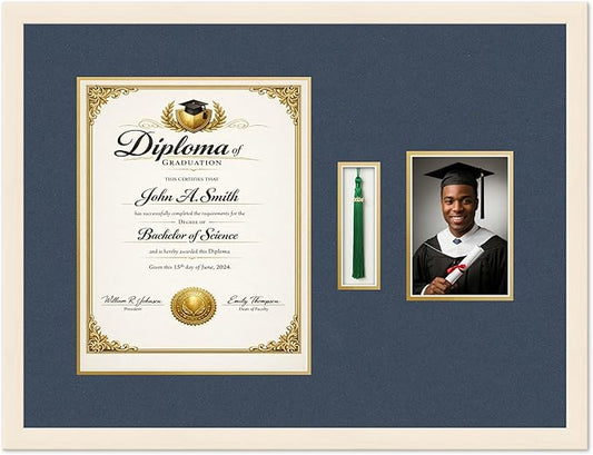 CountryArtHouse Diploma Tassel and Photo Shadowbox Fits 11 x 14 College Diploma (Portrait) with T Coastal Whitewash Genuine Hardwood with Navy Blue Over Metallic Gold Double mat