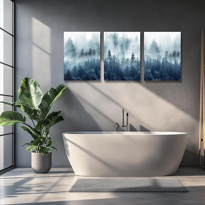 Misty Forests 3-Piece Framed Canvas Wall Art - Trees Landscape Pictures for Living Room, Bedroom, Office - Modern Wall Posters Home Decor
