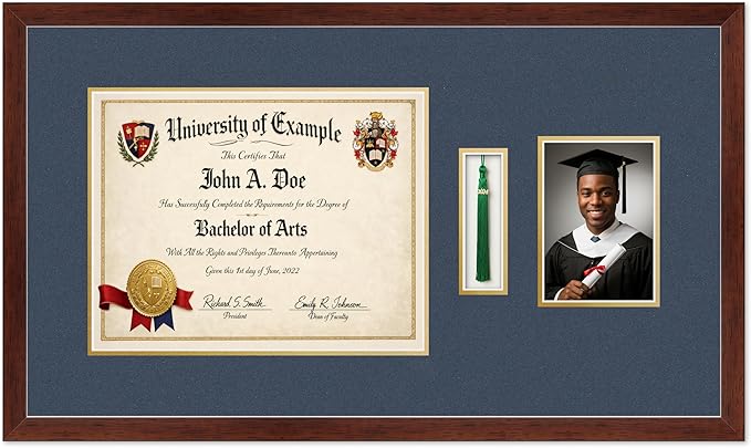 CountryArtHouse Diploma Tassel and Photo Shadowbox Fits 14 x 11 College Diploma (Modern) with Tassel Rustic Walnut Genuine Hardwood with Navy Blue Over Metallic Gold Double mat