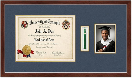 CountryArtHouse Diploma Tassel and Photo Shadowbox Fits 14 x 11 College Diploma (Modern) with Tassel Rustic Walnut Genuine Hardwood with Navy Blue Over Metallic Gold Double mat