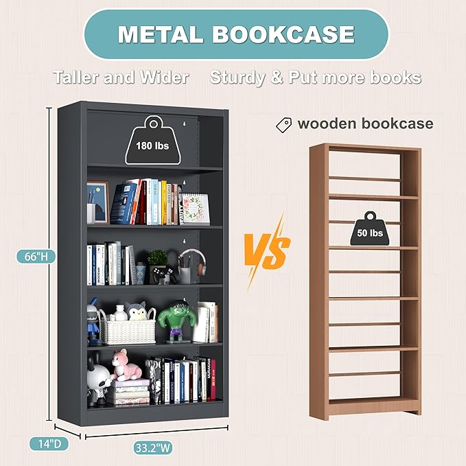 Bookcase, 5 Tier Bookshelves, 14" Deep Book Case for Book/Decor/CD/Movie, Metal Adjustable Book Shelf, 66" Tall Modern Bookshelf for Bedroom Living Room Home Office School (Black, 66"Hx33"Wx14"D)