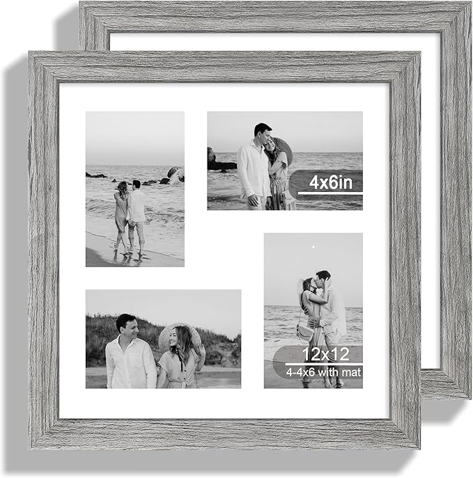 12x12 Picture Frame Set of 2, Grey Wood Frame with Glass Collage Frame, Display Pictures 4-4x6 With Mat or 12 x 12 Without Mat, Square Photo Frames Collage for Wall Hanging or Tabletop
