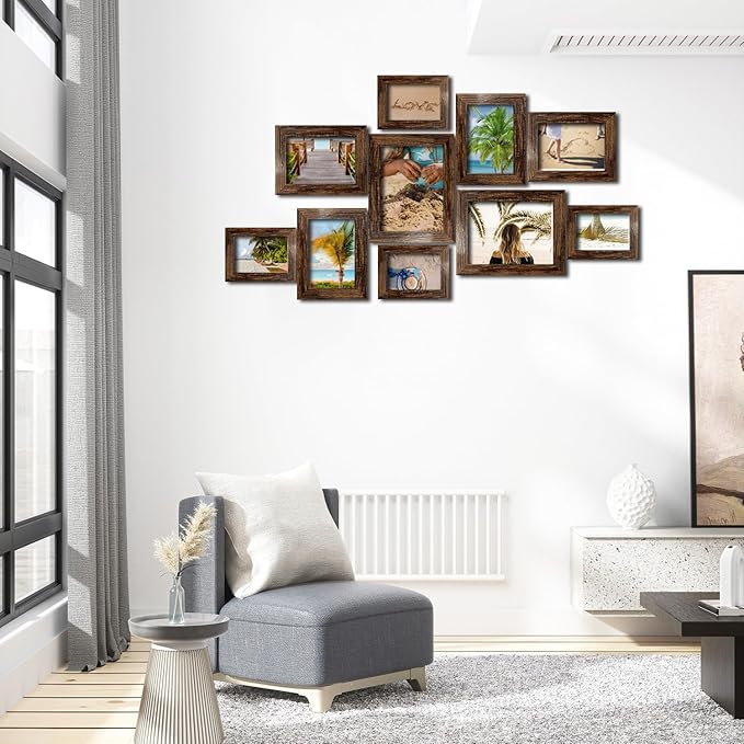 Picture Frame Set 10 pack, Farmhouse Photo Frames, Gallery Wall Frame Collage, 8x10 5x7 4x6 Frames in 3 Different Finishes Picture Frames For Wall or Desk,Dark Brown