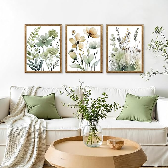 SYWENNOI Wood Framed Green Botanical Canvas Wall Art, Boho Floral Watercolor Art Wall Decor, Minimalist Flower Pictures Poster Prints for Bedroom Bathroom Living Room Ready to Hang 12x16 Inches