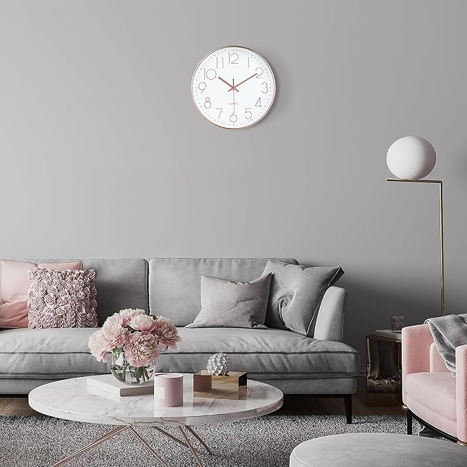 Lafocuse Silent 12 Inch 3D Numbers Rose Gold Wall Clock for Living Room Decor, Battery Operated Rose Gold Clock Analog for Kitchen Bedroom Office