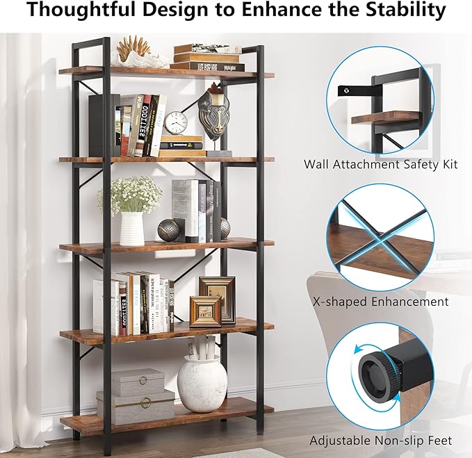 Tribesigns 5 Tier Bookshelf Set of 2, Industrial Etagere Bookcase with Metal Frame, Rustic Tall Book Shelf Unit for Living Room, Study, Home Office (2, Rustic)