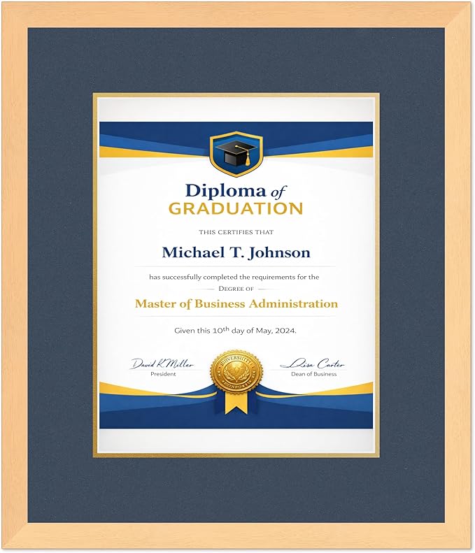 Diploma Frame Natural Wood with Navy Blue Over Gold Double Mat - Fits 11 x 14 College Diploma (Portrait) Wall Display Made in the USA
