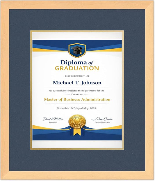 Diploma Frame Natural Wood with Navy Blue Over Gold Double Mat - Fits 11 x 14 College Diploma (Portrait) Wall Display Made in the USA