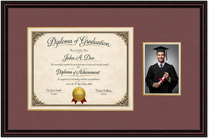 Diploma Frame With Photo Opening Executive Brown Dark Red Over Gold Mat - Fits 14 x 11 Degree and Picture Made in the USA