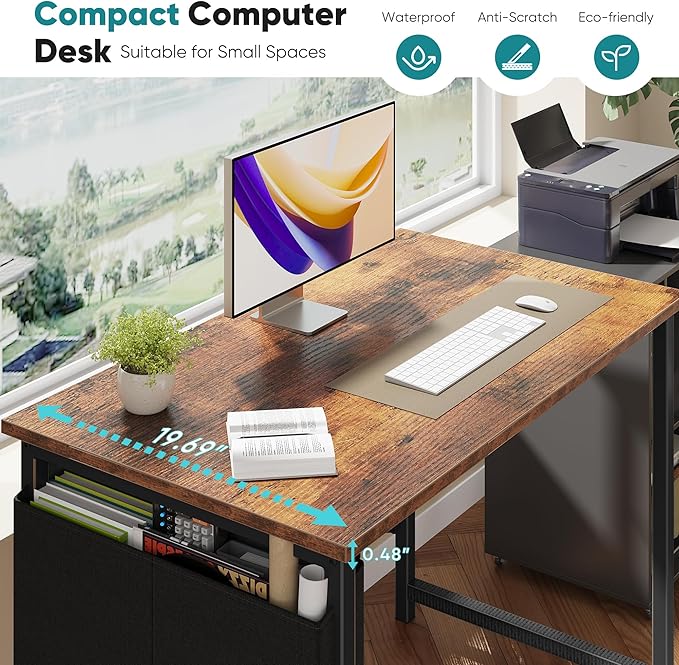 OLIXIS Computer Desk 40 Inch Home Office Desks for Small Spaces, Gaming Writing Study Work Table with Storage Bag and Headphone Hook for Bedroom, Rustic Brown