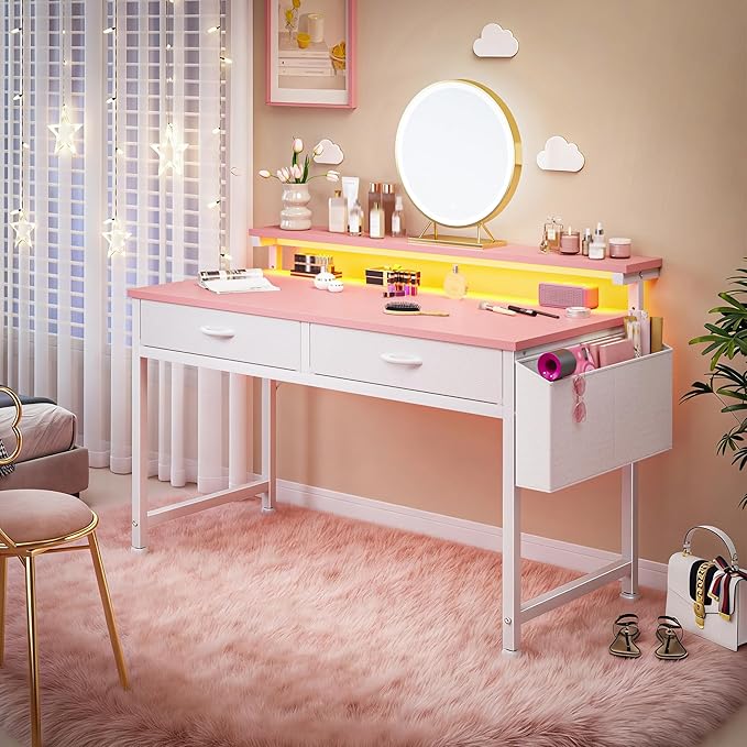 39.4Inch Office Computer Desk with LED Lights & 2 Fabric Drawers, Gaming Desk with Side Pocket & Ergonomic Monitor Stand, Small Space Study Writing Table with Anti-Tip Design,Pink