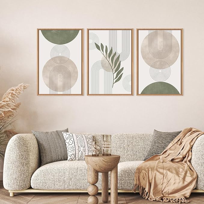 HPINUB Sage Green Boho Framed Canvas Wall Art Set, Minimalist Beige Green Botanical Wall Decor, Abstract Geometric Line Leaf Canvas Painting for Living Room, Dining Room, Office Decor-24 x36 x3