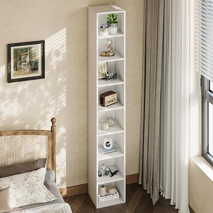 8-Tier Narrow Bookshelf, 71.5" Tall Corner Bookcase, Modern Book Shelf with Storage Space, Wooden Display Storage Shelves for Bedroom, Living Room and Office, White