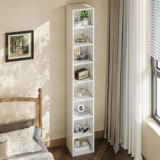 8-Tier Narrow Bookshelf, 71.5" Tall Corner Bookcase, Modern Book Shelf with Storage Space, Wooden Display Storage Shelves for Bedroom, Living Room and Office, White