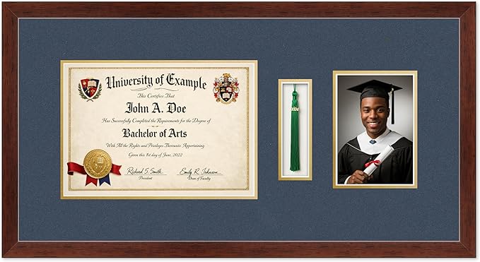 CountryArtHouse Diploma Tassel and Photo Shadowbox Fits 11.69 x 8.27 A4 Certificate with Tassel H Rustic Walnut Genuine Hardwood with Navy Blue Over Metallic Gold Double mat