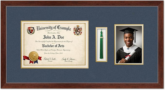 CountryArtHouse Diploma Tassel and Photo Shadowbox Fits 11.69 x 8.27 A4 Certificate with Tassel H Rustic Walnut Genuine Hardwood with Navy Blue Over Metallic Gold Double mat