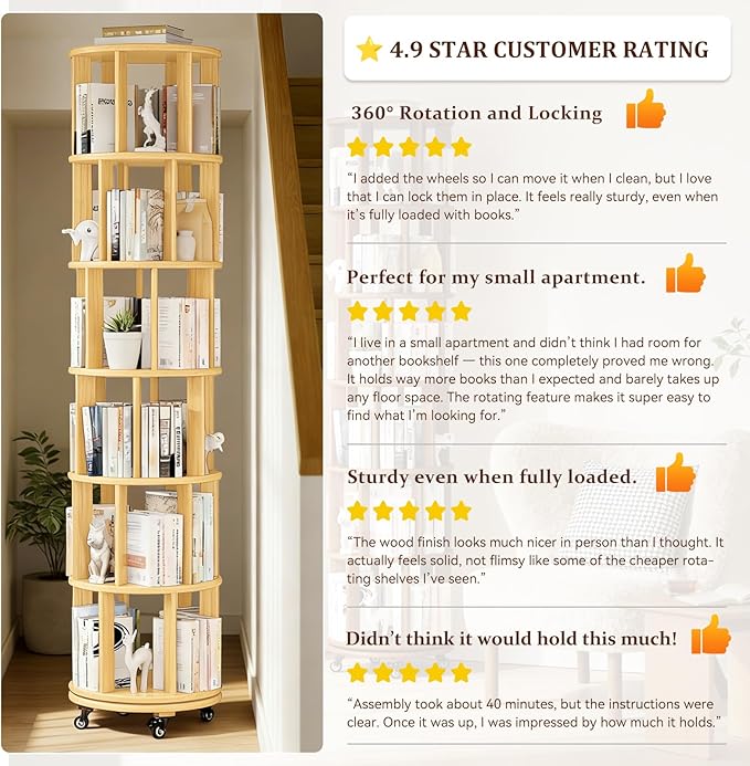 Rotating Bookshelf Tower with Wheels, 6 Tier Solid Wood Round Spinning Bookshelf Tower, 360° Revolving Bookcase Rolling for Kids Adult, Rotation Book Shelf for Bedroom, Living, Office, Corner, Natural