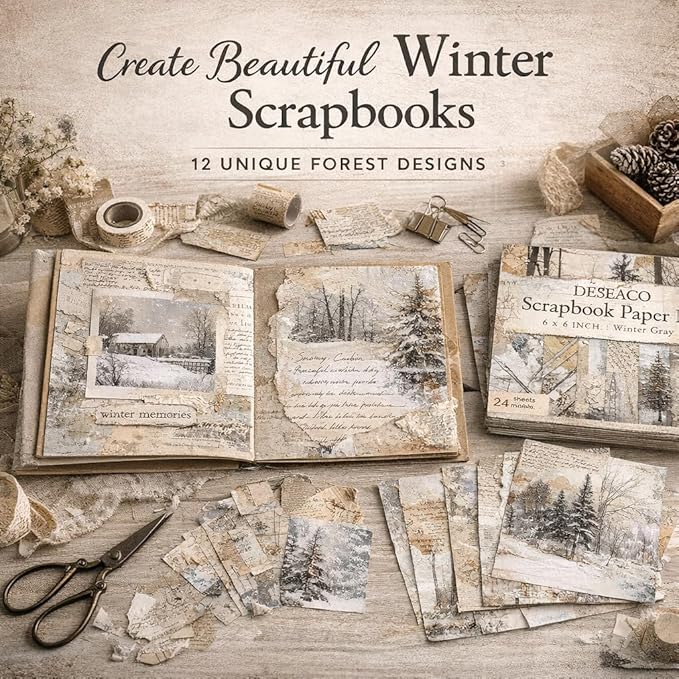 Scrapbook Paper Pad, 6x6 Inch, Single-Sided Decorative Craft Paper, 24 Sheets for Scrapbooking, Cardmaking & DIY Crafts - Winter Gray