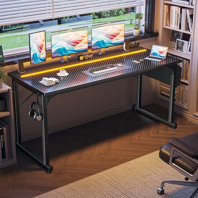 63 Inch Computer Desk with LED Lights, Office Desk for Home Office, Study Desk Writing Table with Storage Bag, Headphone Hook, Black