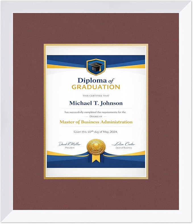Diploma Frame Bright White with Dark Red Over Gold Double Mat - Fits 8.5 x 11 Certificate (Portrait) Wall Display Made in the USA