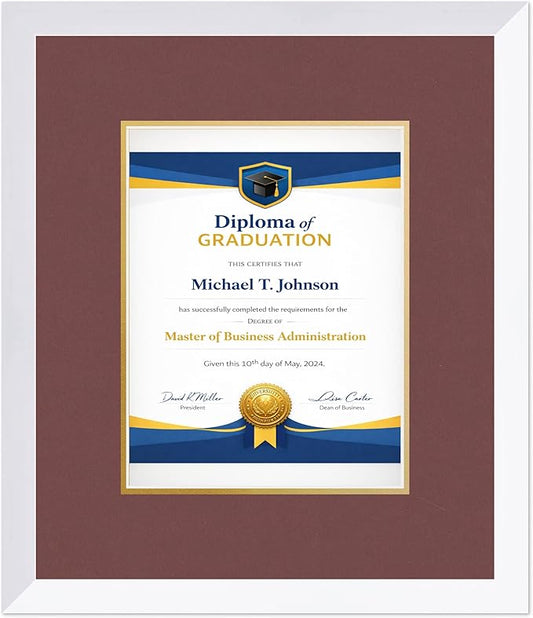 Diploma Frame Bright White with Dark Red Over Gold Double Mat - Fits 8.5 x 11 Certificate (Portrait) Wall Display Made in the USA