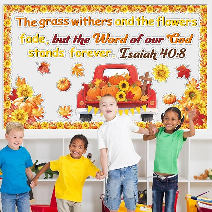 Fall Bulletin Board Decorations Set Religious Pumpkin Classroom Decor Pumpkin Truck Sunflower Maple Leaf Cutout Thanksgiving Autumn Harvest Party School Classroom Chalkboard Wall Church Supplies Favor