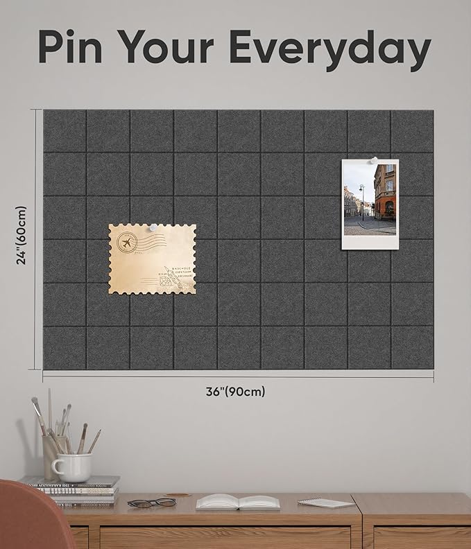 Large Cork Board for Walls 36" x 24", 6 Pack Felt Wall Tiles with Push Pins for Office Home, Pin Board Bulletin Board for Photo Pictures, Dark Gray