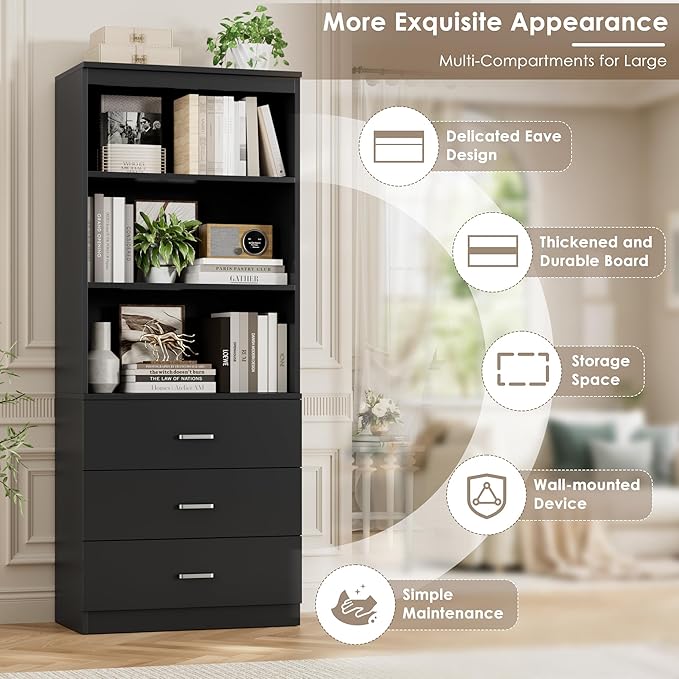 FOTOSOK 71“H Black Bookshelf with Drawers, Bookshelf and Bookcase with 3-Tier Open Shelves, Tall Bookcase Tall Storage Cabinet for Home Office