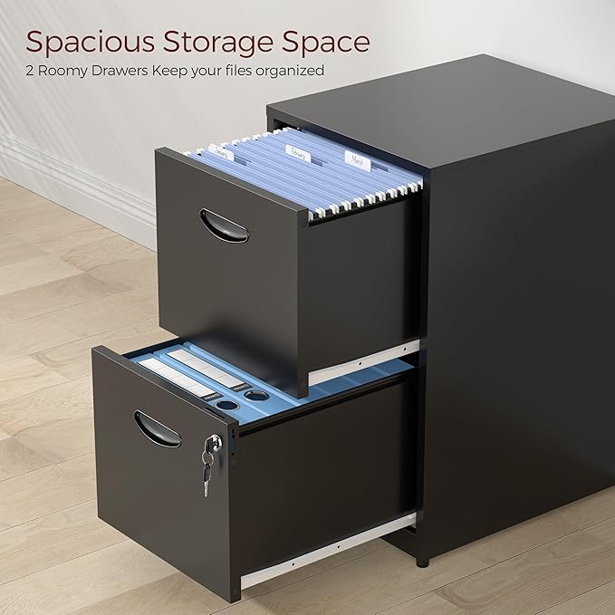 2 Drawer File Cabinet with Lock,Black Metal Filing Cabinets,Vertical Locking File Cabinet Fit Hanging Files, Letter,File Box and A4 Documents (Black)