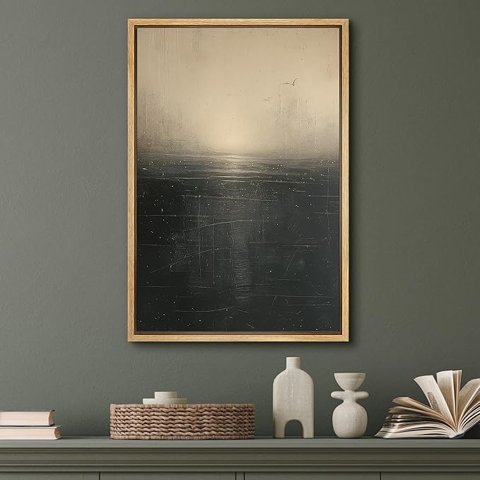 SIGNFORD Framed Canvas Print Wall Art Seascape-Inspired Abstract with Sunset Glow and Flying Birds Illustrations Modern Art Decorative Zen Nordic for Living Room, Bedroom, Office - 16"x24" Natural