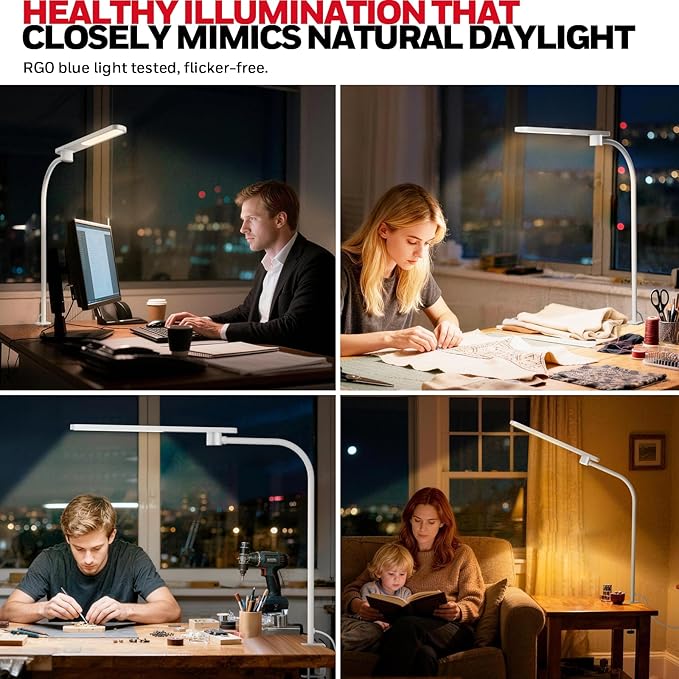 Honeywell HJ2 Sunturalux™ Clamp LED Desk Lamp, CRI≥97 Full-Spectrum Eye-Caring Light, 3 Color Modes & Stepless Dimming, 16" Flexible Gooseneck for Reading, Home Office, Art Creation (White)