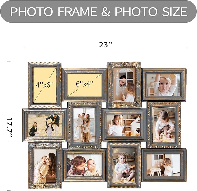 HELLO LAURA - Photo Collage Frame 12 Opening Vintage Collage Picture Frames 18" x 25" Wall Hanging Photo Frame Display 4" x 6" Photos Rusted Gold Edge | Gallery Collection Style