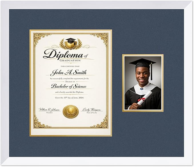 CountryArtHouse Fits 10 x 13 College Diploma (Portrait Traditional) and 5 x 7 Diploma and Photo Frame Bright White Genuine Hardwood with Navy Blue Over Metallic Gold Double mat