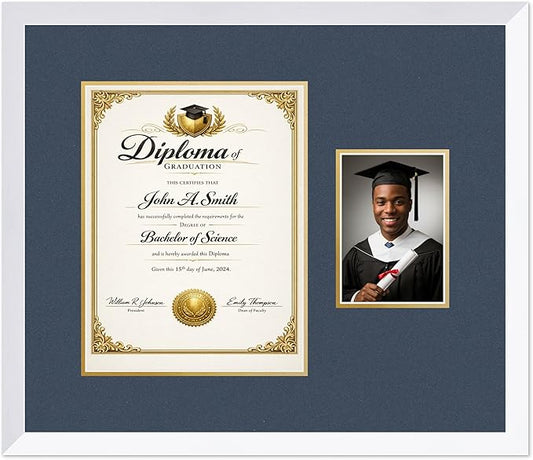 CountryArtHouse Fits 10 x 13 College Diploma (Portrait Traditional) and 5 x 7 Diploma and Photo Frame Bright White Genuine Hardwood with Navy Blue Over Metallic Gold Double mat