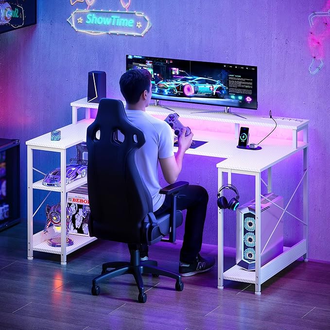 ODK 48 Inch Gaming Desk with LED Lights and Power Outlet, U-Shaped Computer Desk with Monitor Stand and Storage Shelves, PC Gamer Table for Home Office, Carbon Fiber White